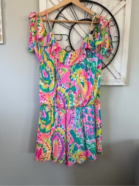 Lilly Pulitzer Fenella Cold Shoulder Ruffle Romper Come Out Of Your Shell - M